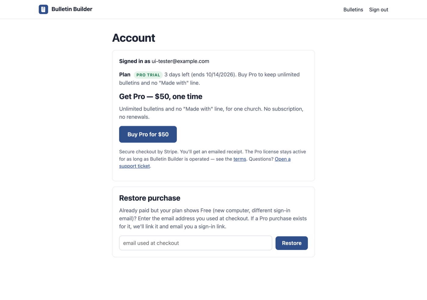 Account page showing the Pro trial status, the Buy Pro for $50 button and the Restore purchase form