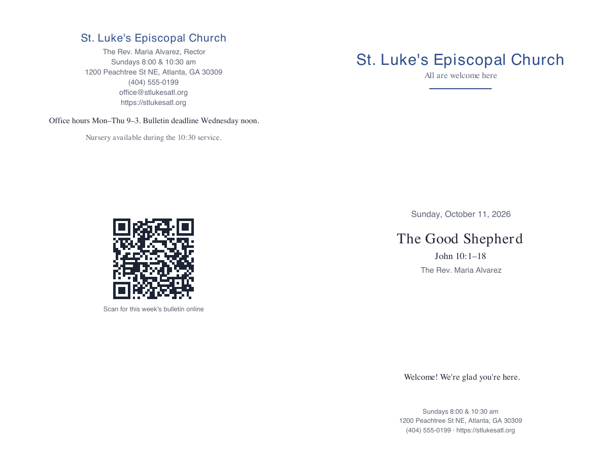 Page one of the booklet PDF: the back page with the QR code on the left and the bulletin cover on the right, imposed on one landscape Letter sheet
