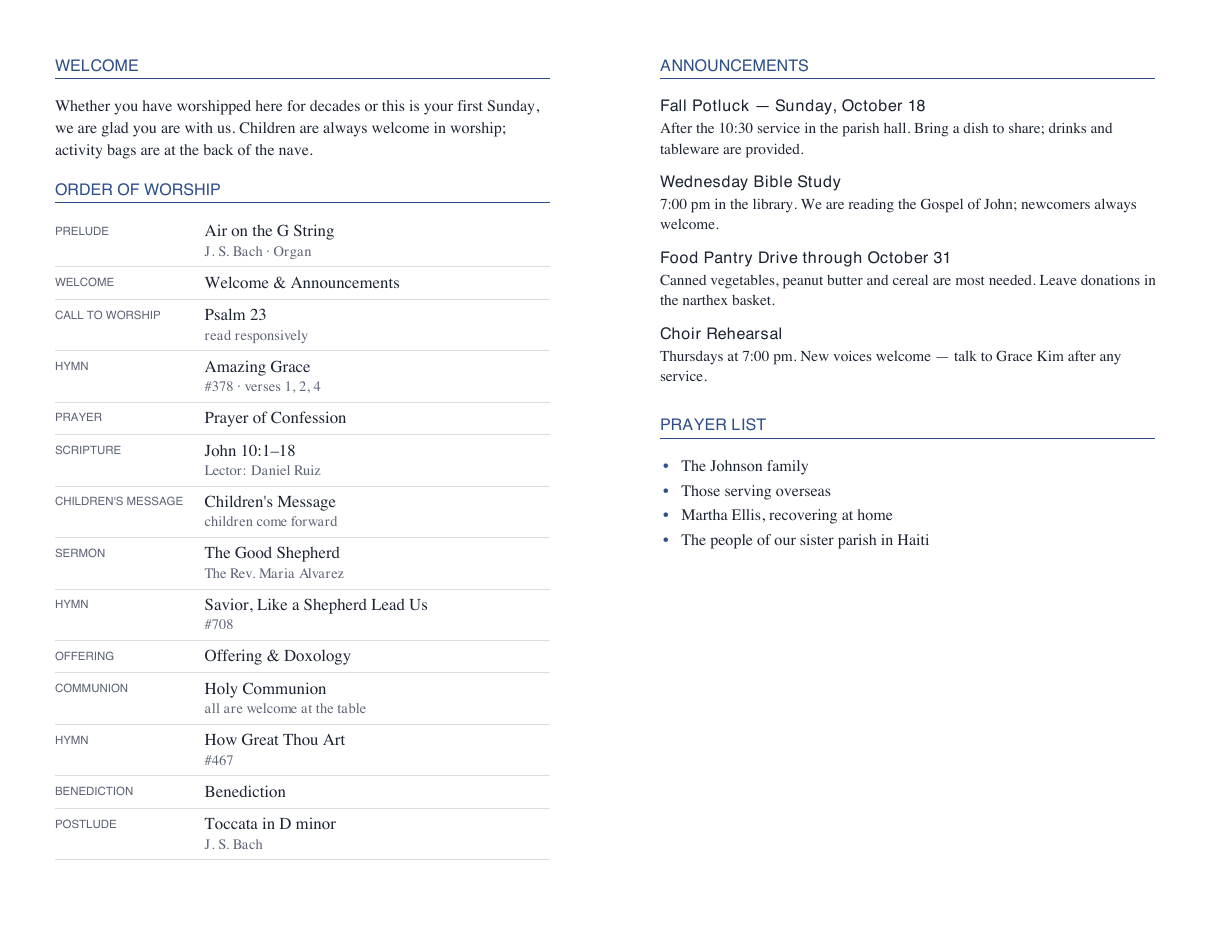 Inside of the booklet PDF: welcome paragraph and order of worship on the left, announcements and prayer list on the right
