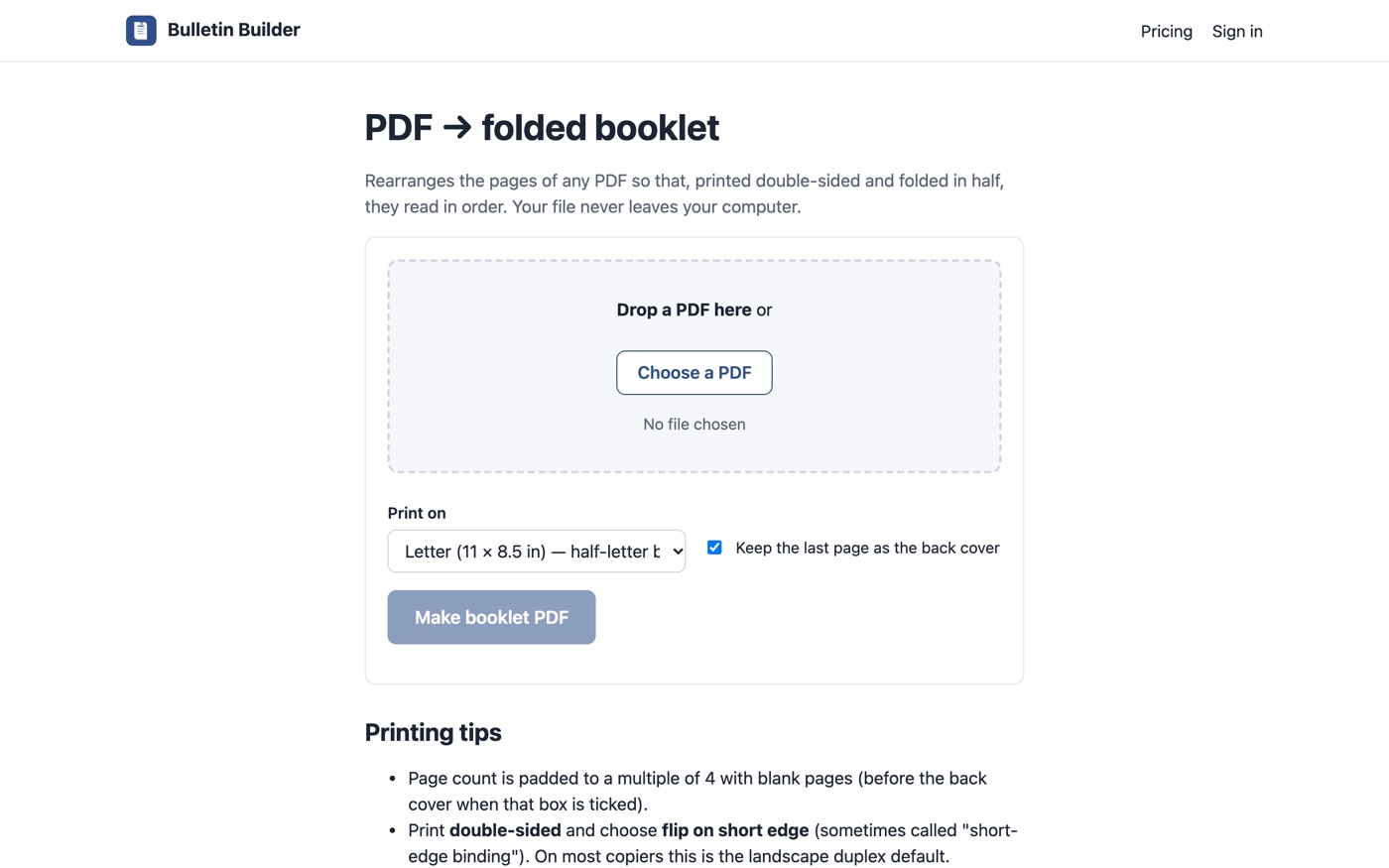 The free PDF to booklet tool with a drop zone, sheet-size selector and Make booklet PDF button