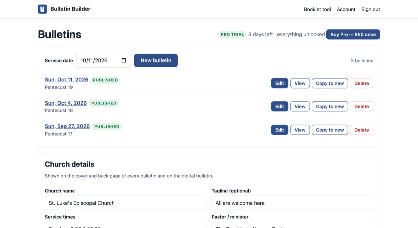 Bulletin list with Edit, View, Copy to new and Delete buttons for each bulletin