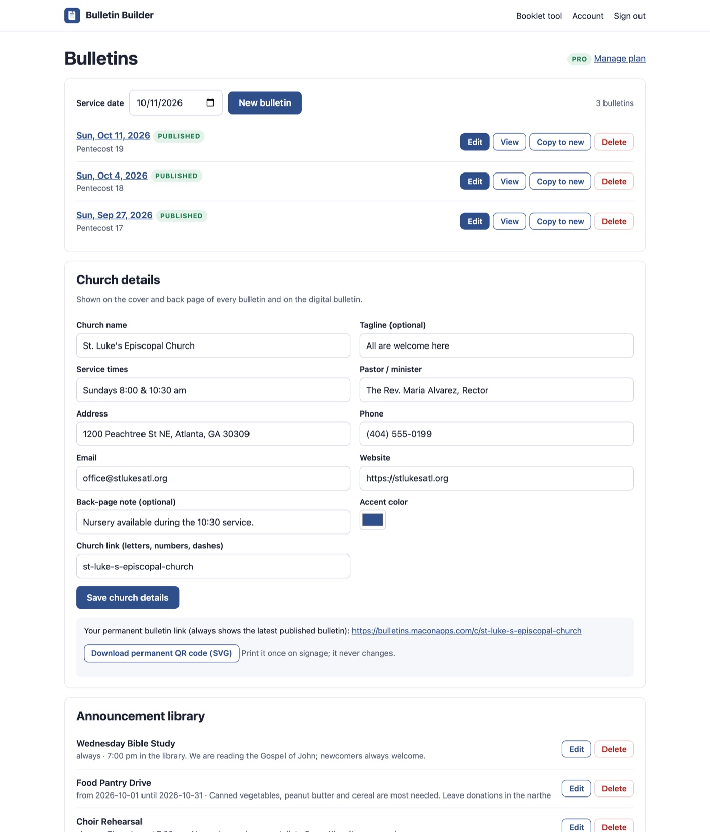 Bulletin Builder dashboard listing published bulletins, the church details form, the permanent church link and the announcement library