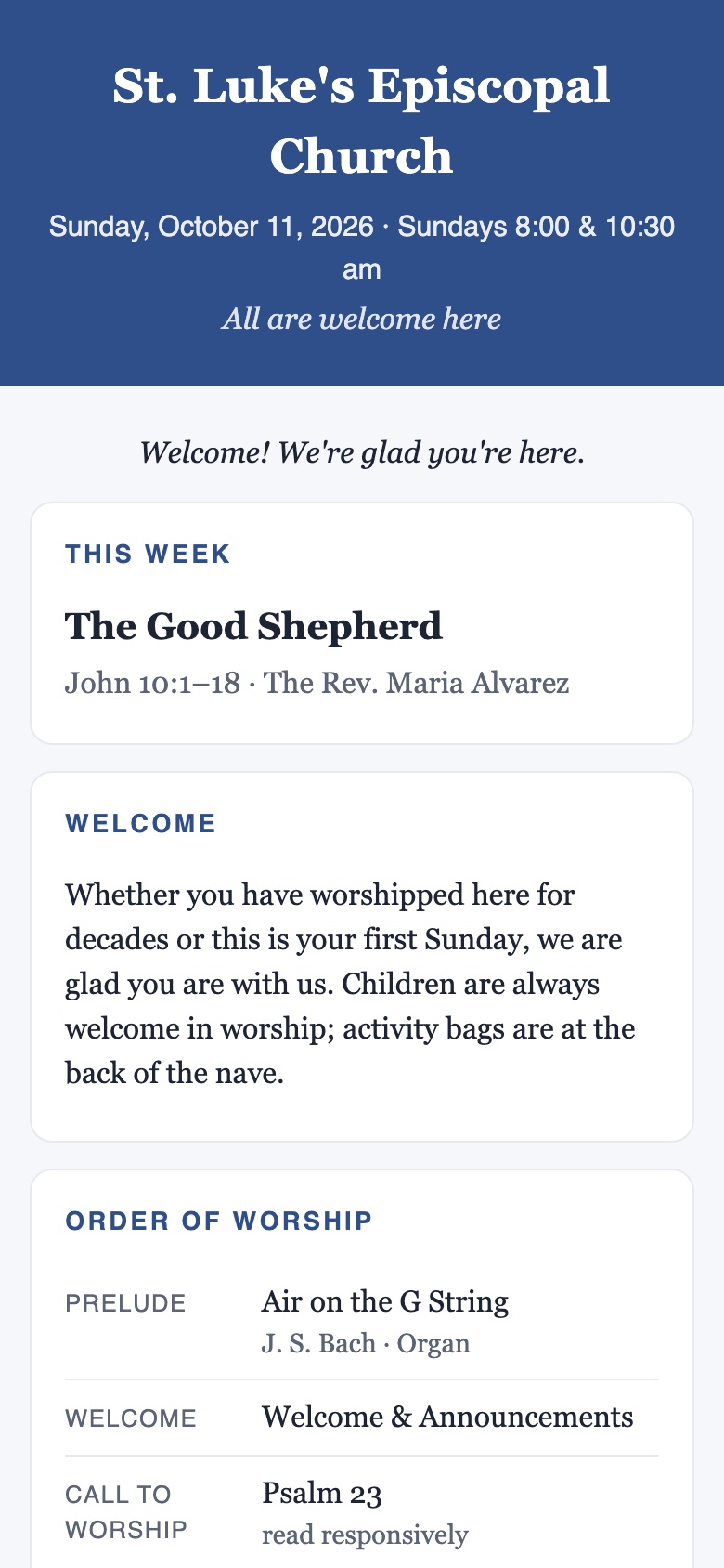 The digital bulletin on a phone: church name, service date, sermon, welcome and order of worship