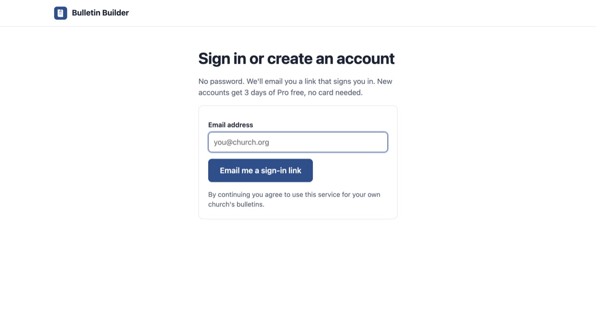 Bulletin Builder sign-in page asking for an email address