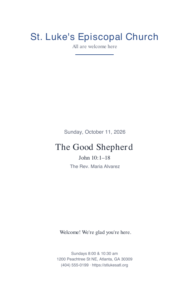 Bulletin cover page with church name, date, sermon title and scripture