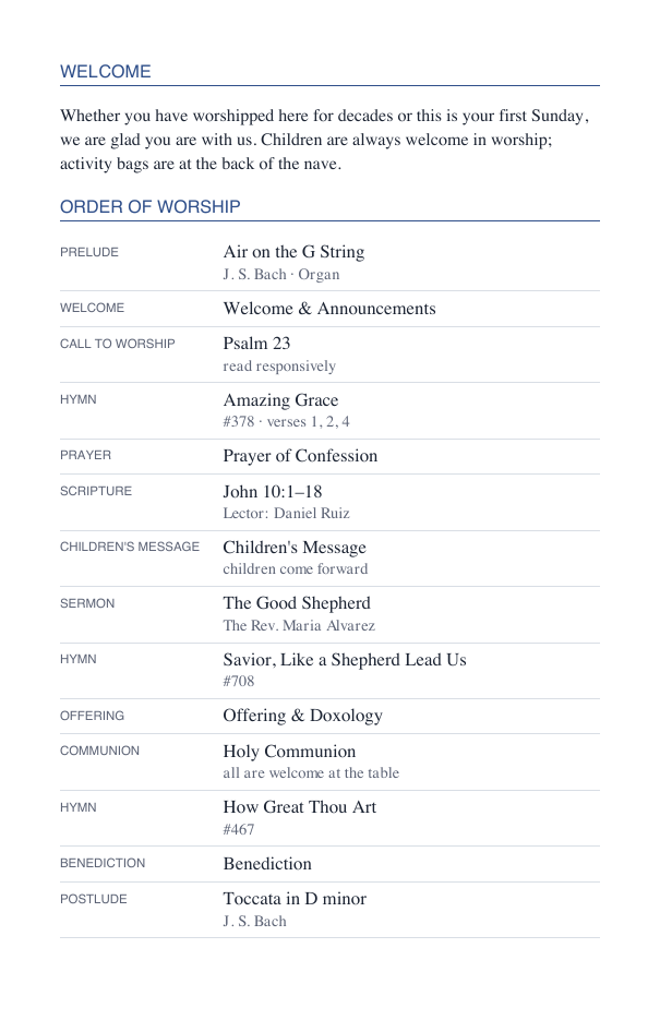 Inside page with the order of worship