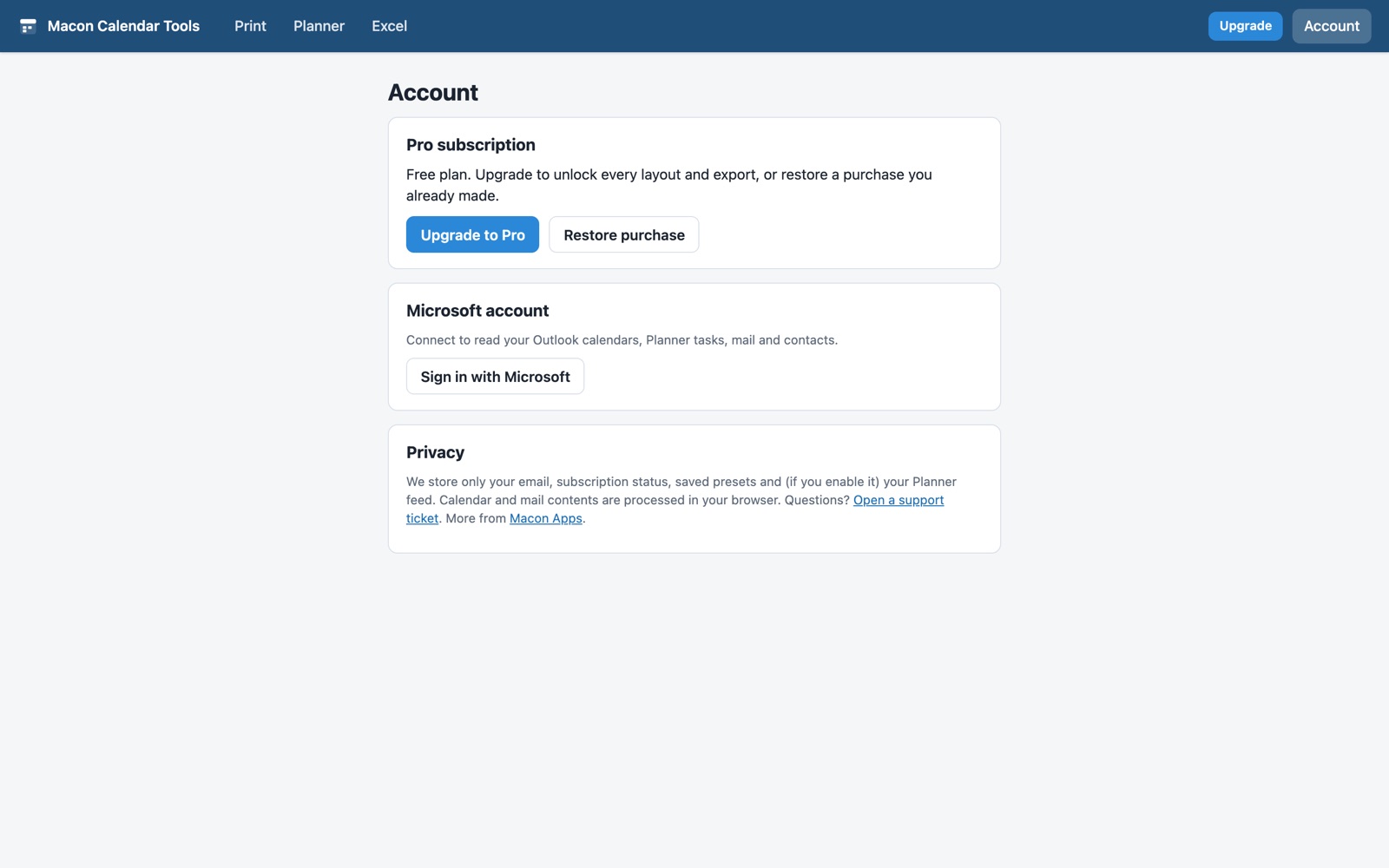 The Account page showing the subscription status, Microsoft account connection and privacy note