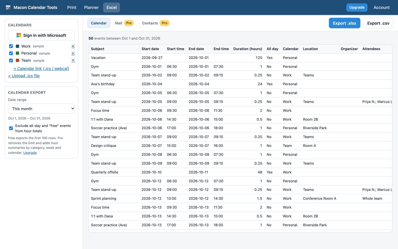 The Excel export tool: date range and options on the left, a preview table of calendar events on the right