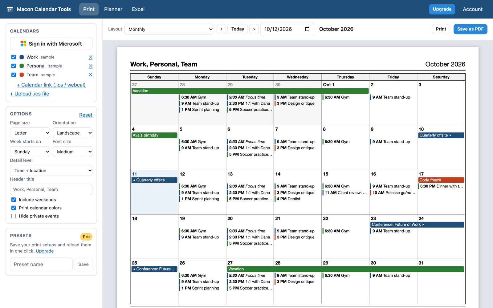 The Macon Calendar Tools print screen: calendars and options on the left, a monthly calendar preview on the right