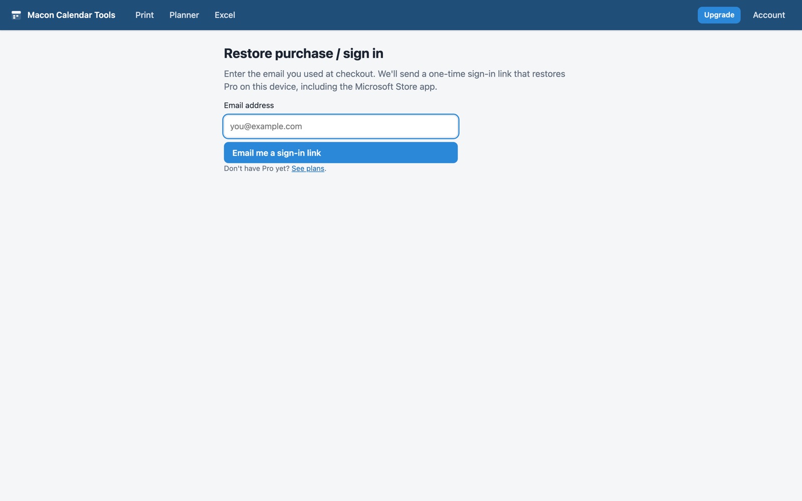 The Restore purchase page asking for the checkout email address