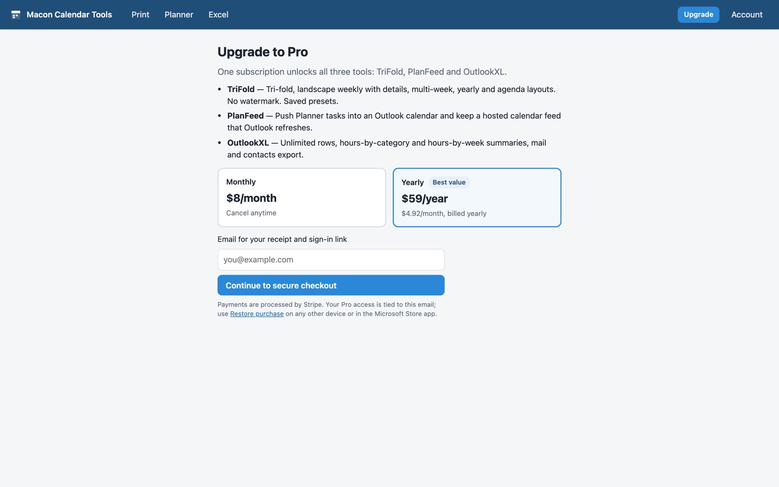 The Upgrade page with Monthly and Yearly plans and the email box for checkout