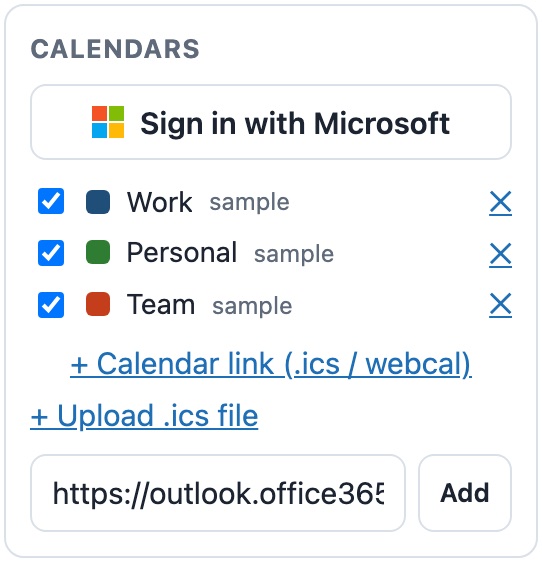 The Calendars panel with the Sign in with Microsoft button, three sample calendars, and the calendar-link box open