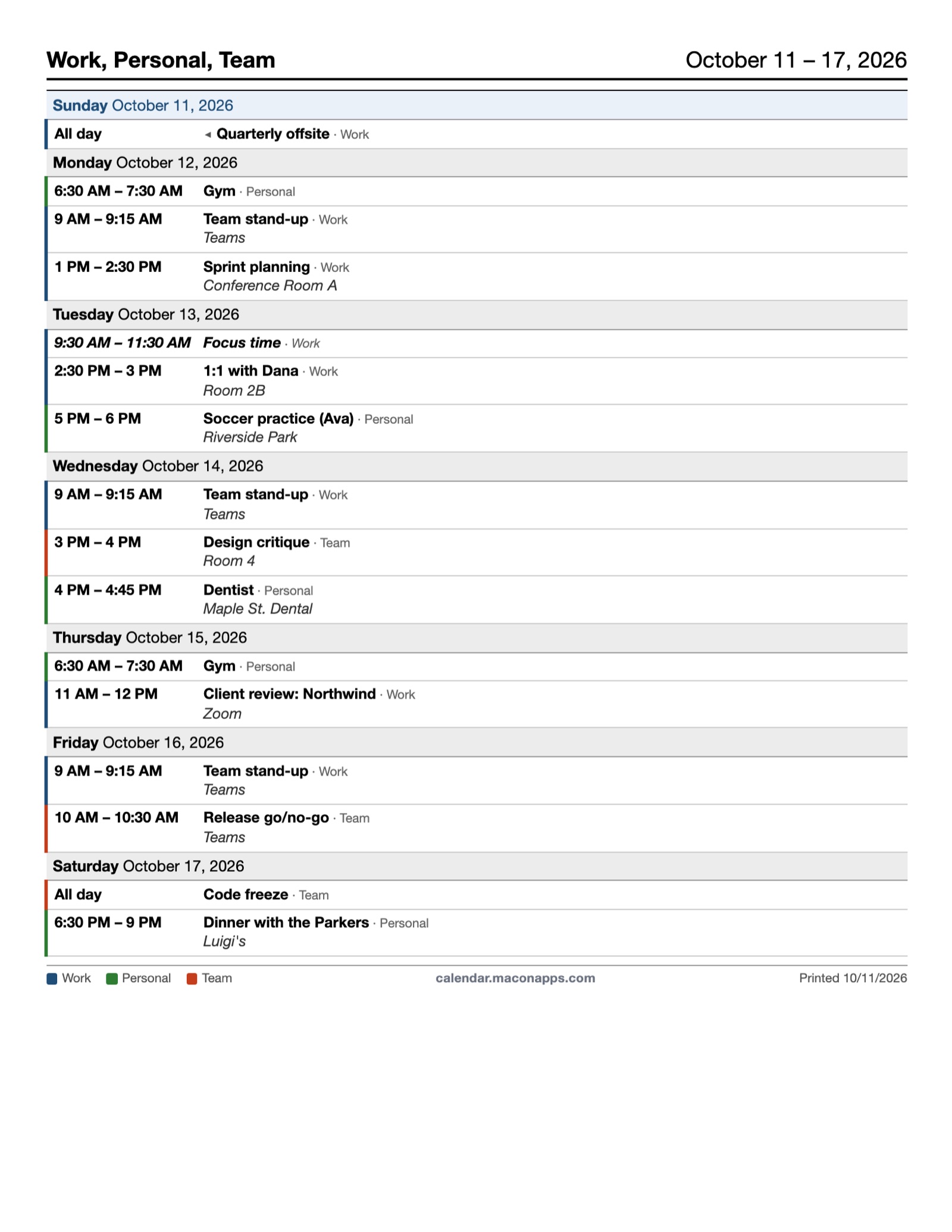 Agenda layout: a list of every event in the range with details