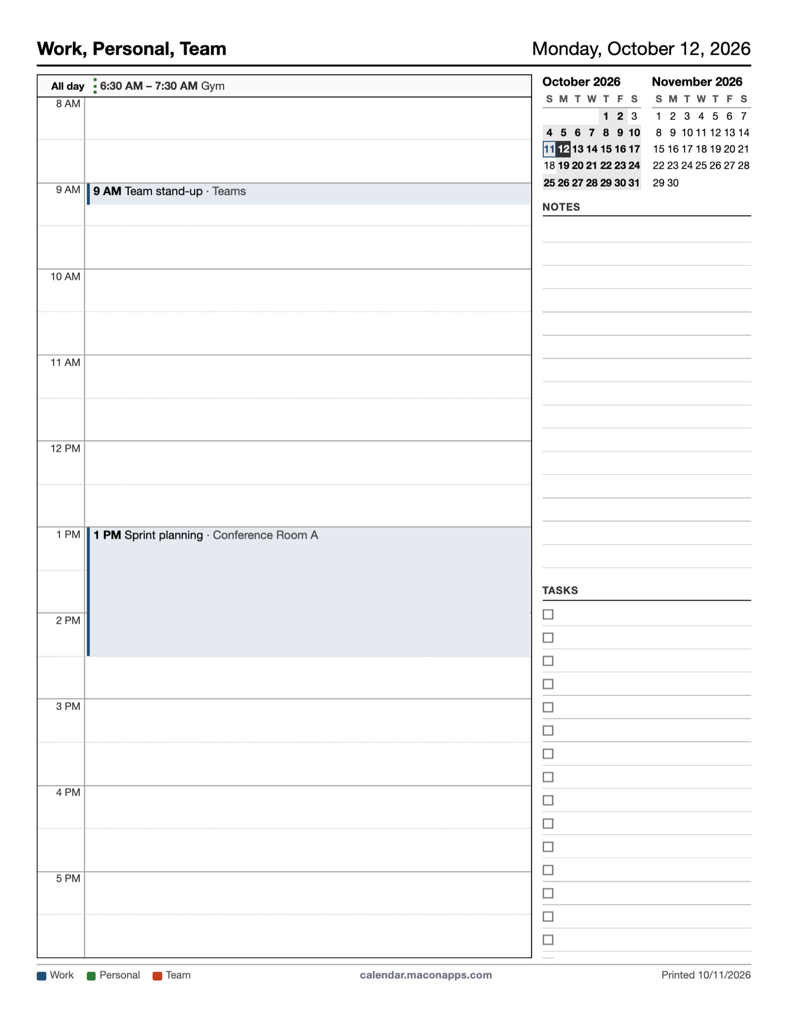 Daily layout: a time grid with side-by-side overlapping meetings and notes lines
