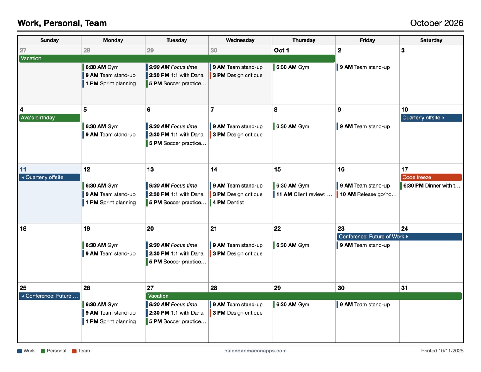 Monthly layout: a six-week grid with all-day bars and colored events