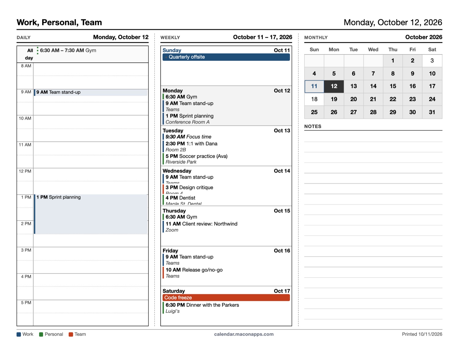 Tri-fold layout: today's schedule, the week and the month side by side on one landscape page