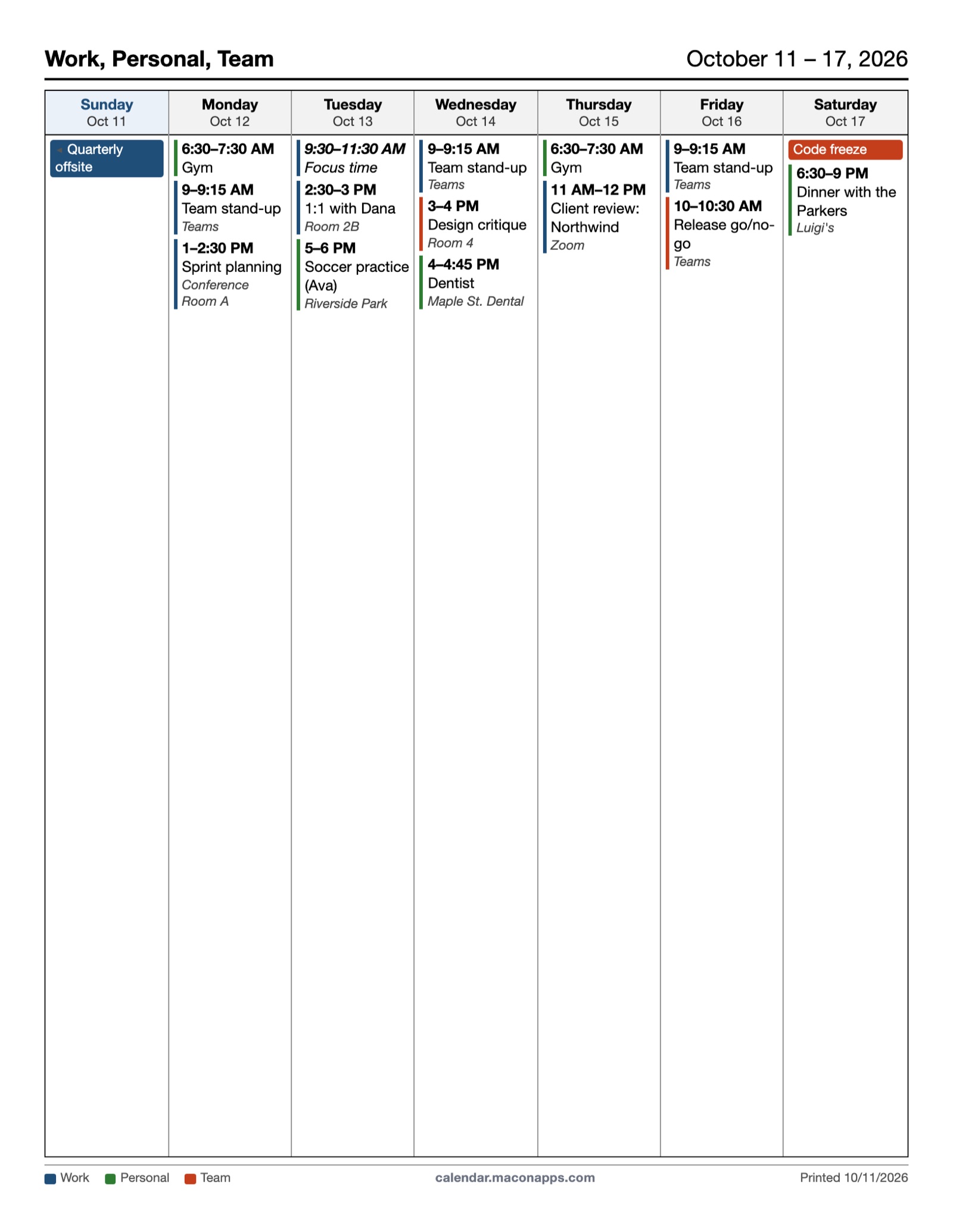 Weekly layout: seven columns with times and locations