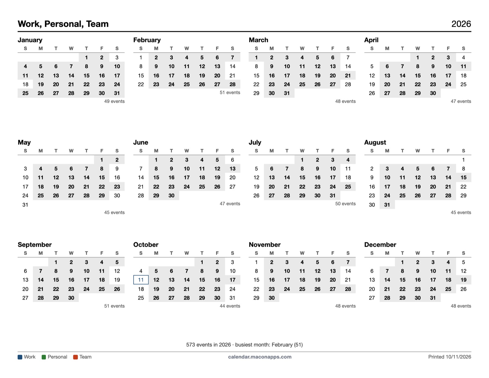 Yearly layout: twelve months on one page with busy days shaded