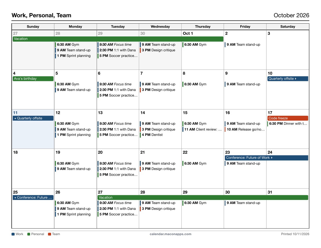The printed monthly PDF: Letter landscape, full-page grid, legend and footer