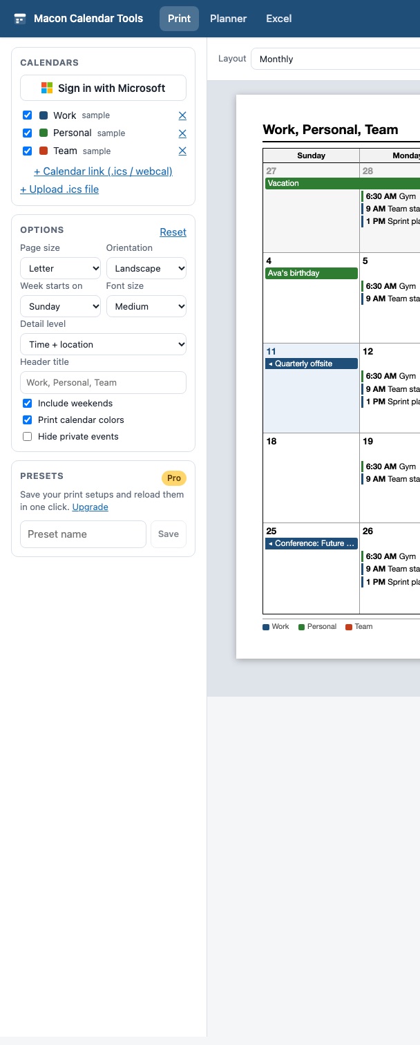 The Calendars, Options and Presets panels of the Print tool