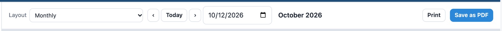 The print toolbar: layout drop-down, previous/today/next buttons, date picker, the current period, and the Print and Save as PDF buttons