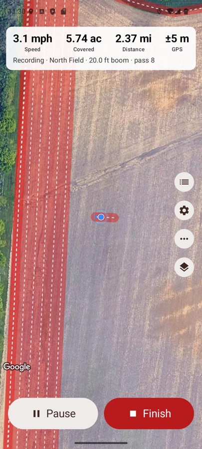 Farm Sprayer GPS on an Android phone painting coverage over satellite imagery