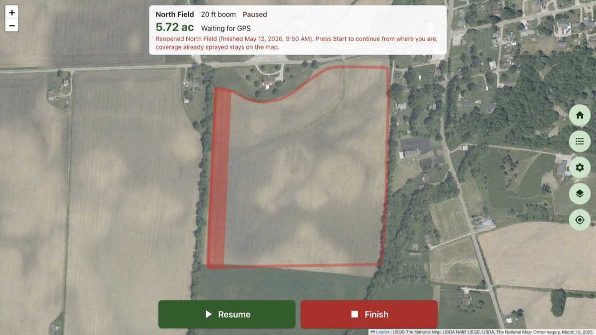 Farm Sprayer GPS for Windows tracking a field